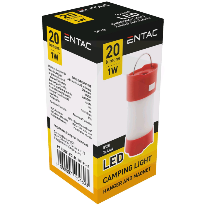 ENTAC ECLM-1W-PL-R Kempingové svietidlo Magnet Plastic red