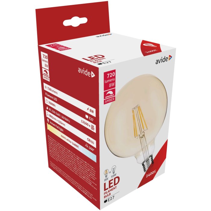 Avide LED žiarovka Filament Globe 8W E27 teplá biela Dimmable/Amber
