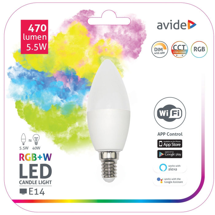 Avide LED žiarovka 5,5W E14 RGB+W SMART sviečková s WiFi