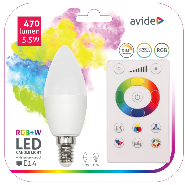 Avide LED žiarovka 5,5W E14 RGB+W SMART sviečková s ďiaľkovým IR