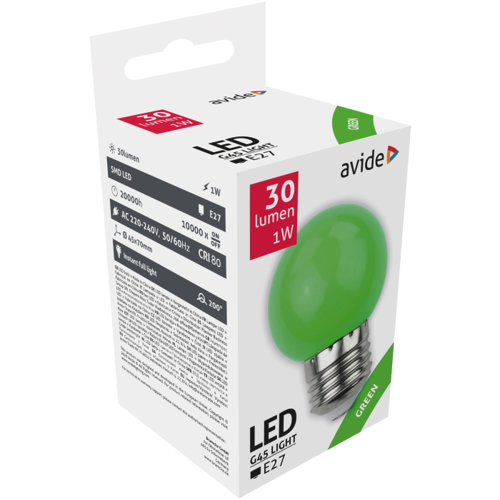 Avide dekoračná LED G45 1W E27 zelená