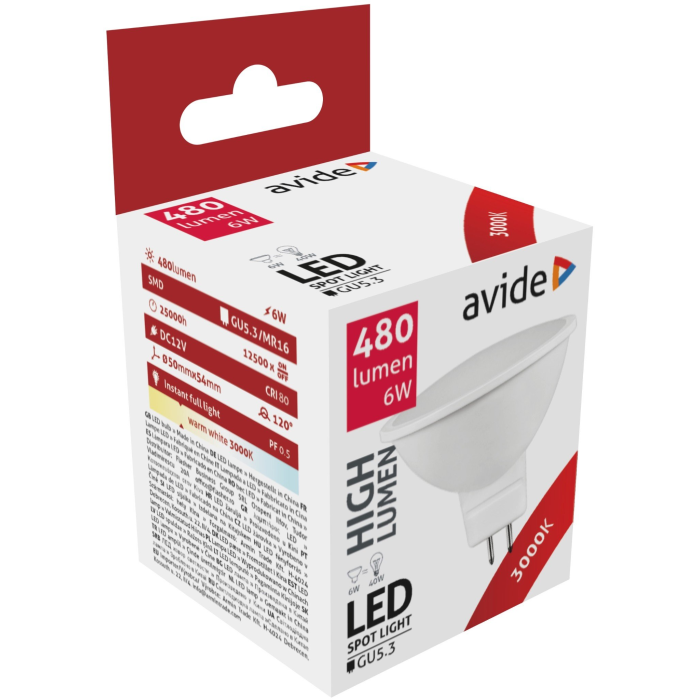 Avide LED Spot 6W GU5.3 WW 120°  Alu+Plastic  (480lm)