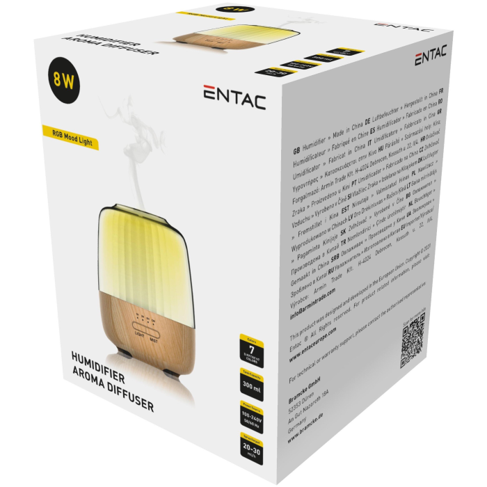 ENTAC Zvlhčovač drevený 300ml 8W (s aromaterapiou a RGB osvetlením)