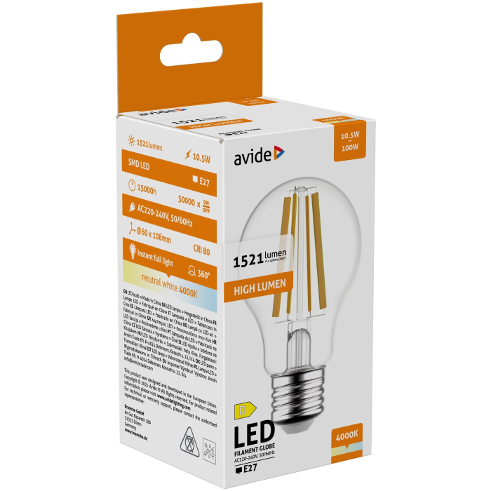 Avide LED Filament Globe A70 10.5W E27 NW High Lumen (1521lumen)