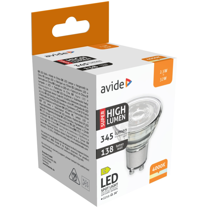 Avide LED Spot 2,5W GU10 NW Alu+Plastic Super High Lumen (345lm)