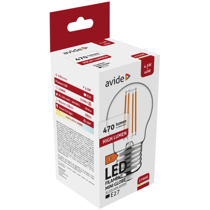 Avide LED Filament Mini Globe 4.5W E27 WW (470lumen) High Lumen