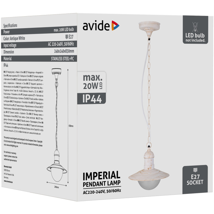 Avide Imperial 1xE27 Outdoor lampa závesná IP44 starožitná biela