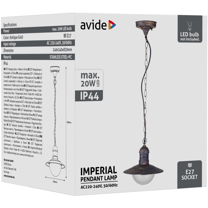 Avide Imperial 1xE27 Outdoor lampa závesná IP44 starožitná zlatá