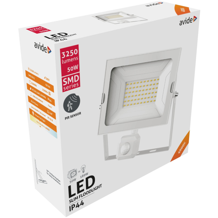 Avide LED SLIM Reflektor SMD 50W NW with PIR (3250 lumen) white