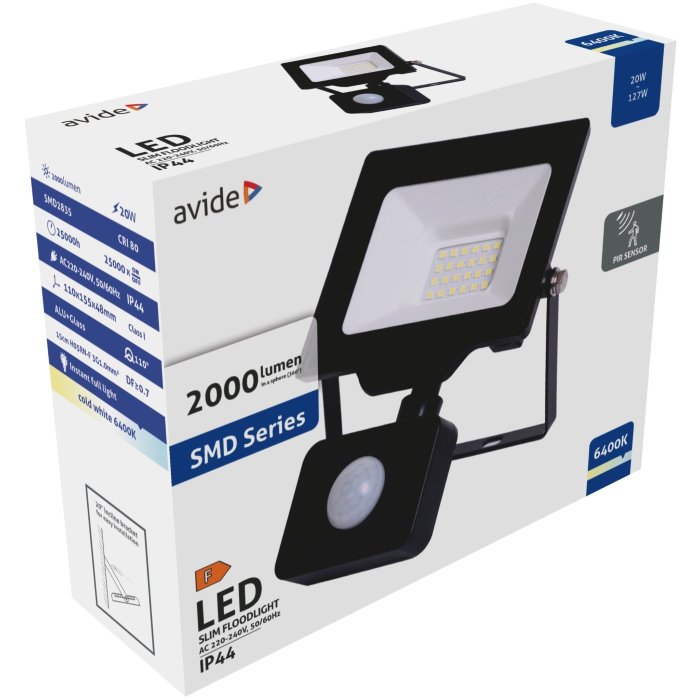 Avide LED SLIM Reflektor SMD 20W CW with PIR  (2000 lumen) 100lm/W
