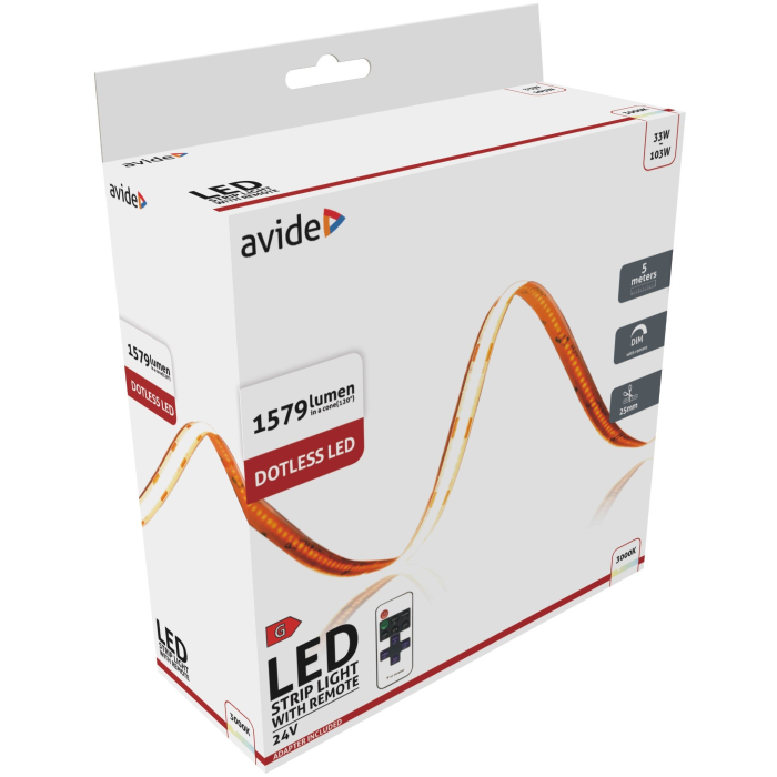 Avide LED Strip Blister 24V 33W WW IP20 5m COB RF