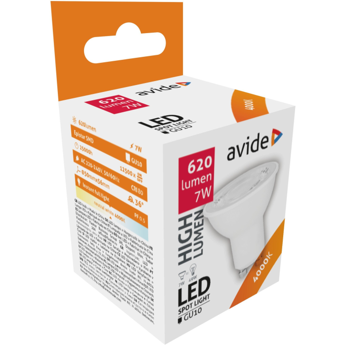 Avide LED Spot 7W GU10 NW 36° Alu+Plastic (620lm) High Lumen