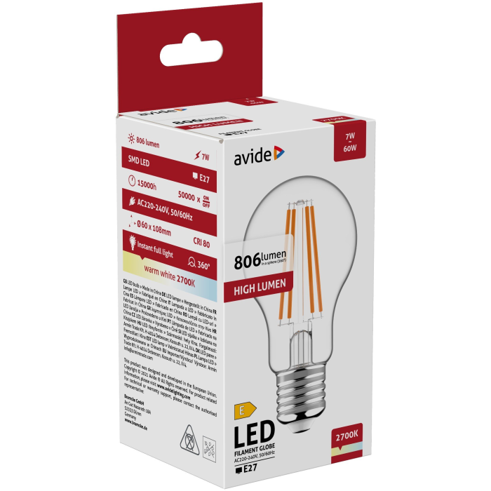Avide LED Filament 7W E27 WW (806lumen) High Lumen