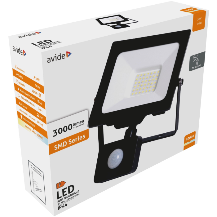 Avide LED SLIM Reflektor SMD 30W NW with PIR (3000 lumen) 100lm/W